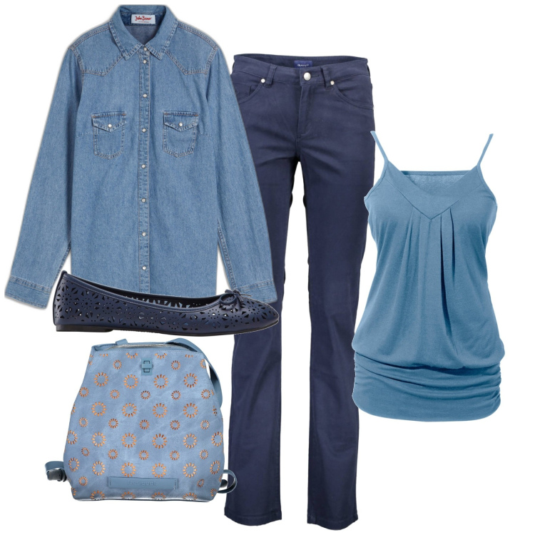 Outfit donna - Blue city. Stile Bon Ton per Tutti i giorni. Abbinamento con top, camicie, ballerine, zaini, pantaloni.