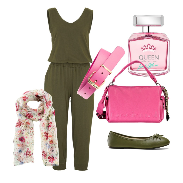 Outfit donna - Colori alternati. Stile Casual per Tutti i giorni. Abbinamento con foulard, cinture, ballerine, tute, profumi, borse a spalla.