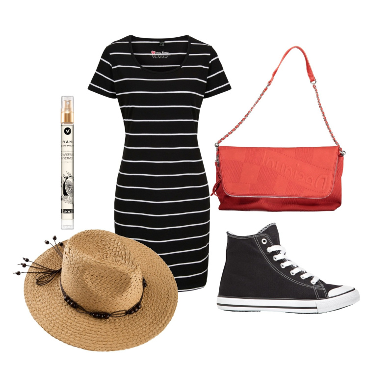 Outfit donna - Le righe. Stile Basic per Tutti i giorni. Abbinamento con vestiti, sneakers alte, cappelli, profumi, borse a mano.