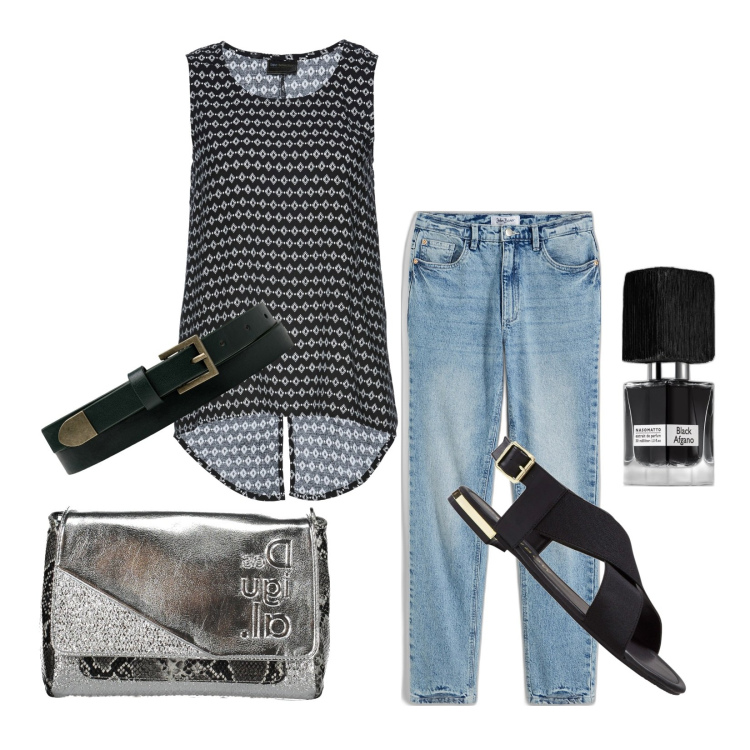 Outfit donna - La cintura sul top morbido. Stile Trendy per Tutti i giorni. Abbinamento con sandali, top, jeans dritti, profumi, borse a spalla, cinture.