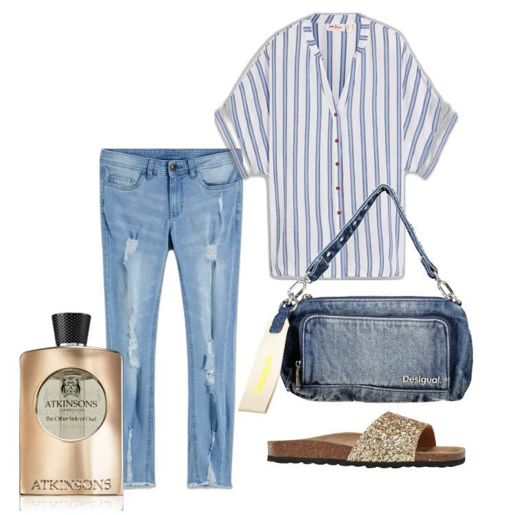 Outfit donna - Finto trasandato. Stile Basic per Tutti i giorni. Abbinamento con camicie, ciabatte, jeans strappati, profumi, borse a spalla.