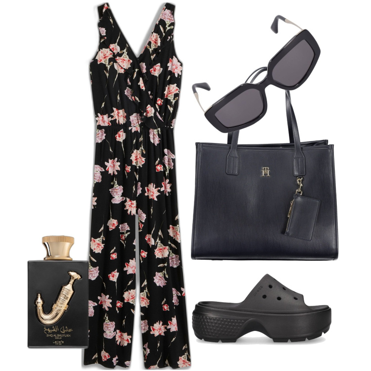 Outfit donna - Comode Crocs. Stile Casual per Tutti i giorni. Abbinamento con tute, profumi, ciabatte, borse a spalla, occhiali da sole.