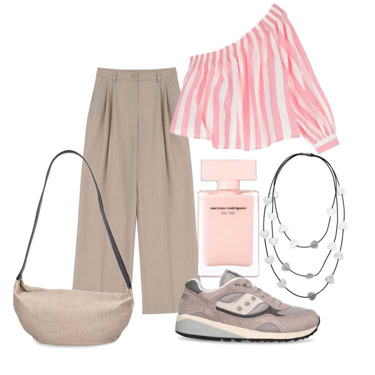 Outfit donna - Monospalla di tendenza. Stile Trendy per Tutti i giorni. Abbinamento con collane, profumi, jeans dritti, camicie, sneakers, borse a spalla.