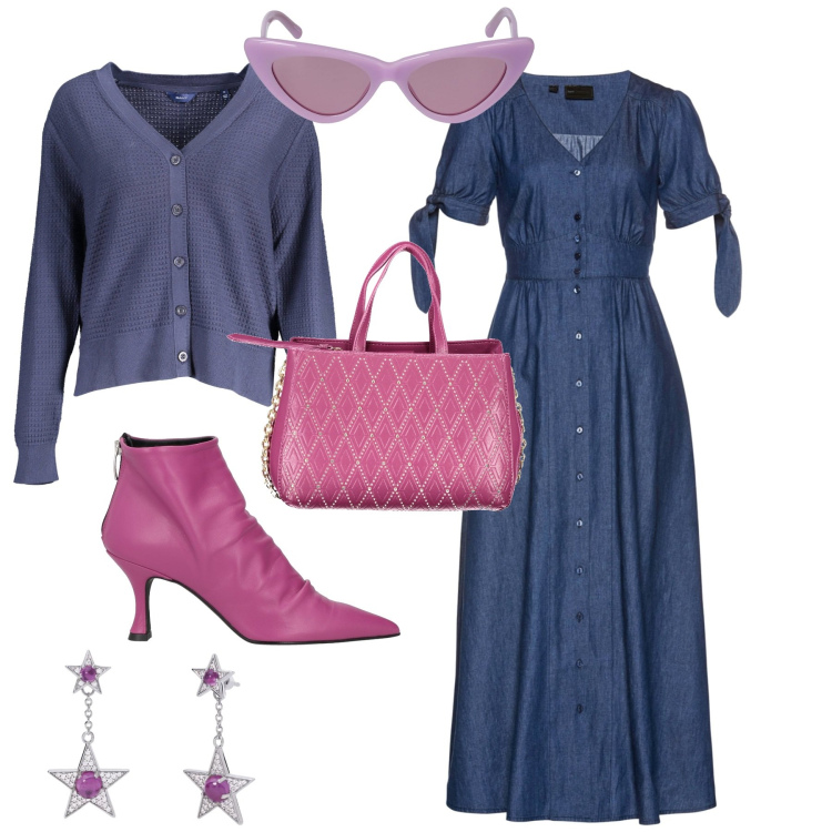 Outfit donna - Trendy tutti i giorni city. Stile Trendy per Tutti i giorni. Abbinamento con vestiti, stivaletti, orecchini, cardigans, occhiali da sole, borse a spalla.