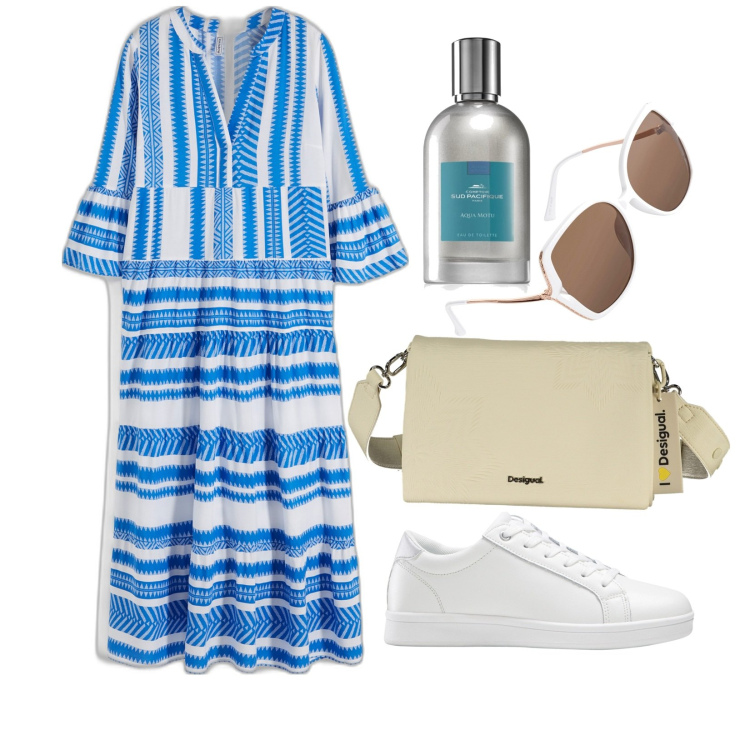 Outfit donna - Righe azzurre. Stile Basic per Tutti i giorni. Abbinamento con sneakers, vestiti lunghi, occhiali da sole, profumi, borse a spalla.