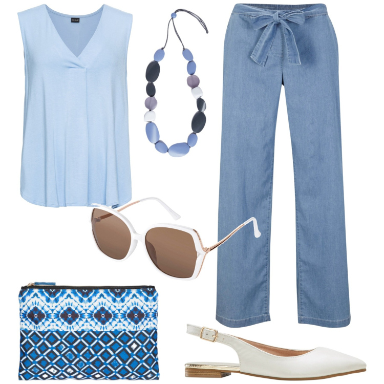 Outfit donna - In città. Stile Casual chic per Tutti i giorni. Abbinamento con top, pantaloni, ballerine, occhiali da sole, pochette, collane.