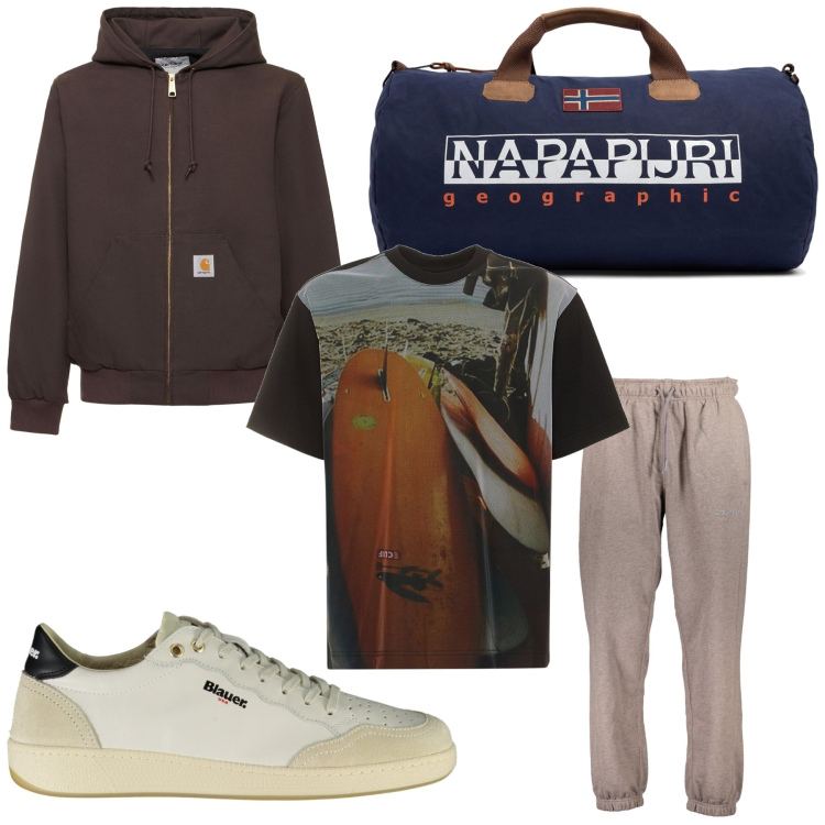Outfit uomo - Pompo e arrivo. Stile Urban per Sport. Abbinamento con cappotti, pantaloni sportivi, t-shirt, scarpe sportive, borse sportive.