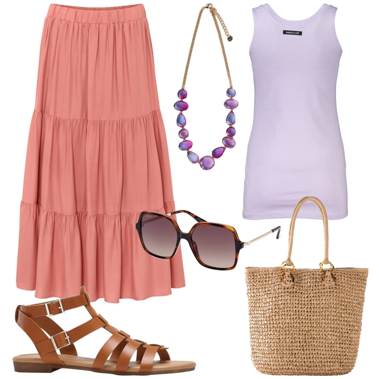 Outfit donna - Primi caldi. Stile Boho per Tutti i giorni. Abbinamento con gonne longuette, sandali, shopping bag, occhiali da sole, canottiere, collane.