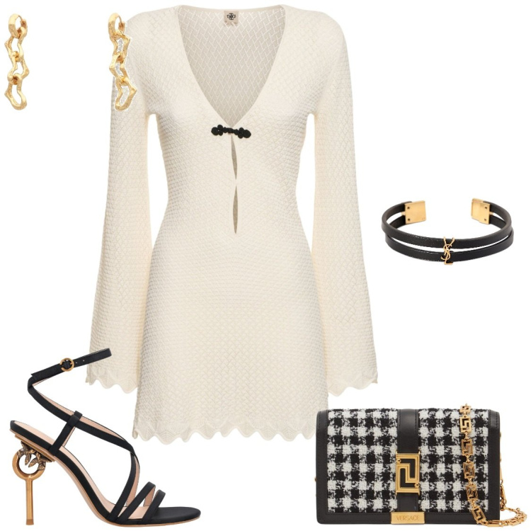 Outfit donna - Abito in cotone. Stile Glamour per Serata fuori. Abbinamento con orecchini, sandali in pelle, braccialetti, borse a spalla, vestiti.