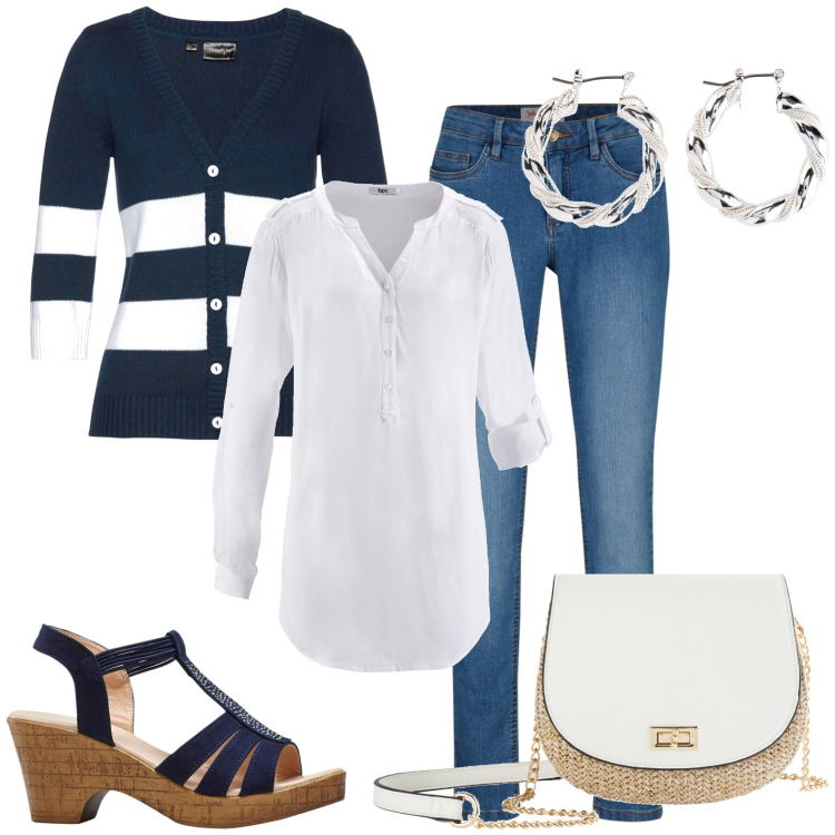 Outfit donna - Estate in jeans. Stile Casual per Tutti i giorni. Abbinamento con tuniche, jeans skinny, cardigans, borse a tracolla, orecchini, sandali.