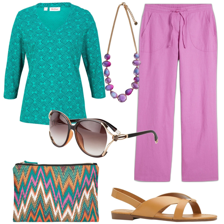 Outfit donna - Per tutto il giorno. Stile Casual chic per Tutti i giorni. Abbinamento con pantaloni a palazzo, sandali, occhiali da sole, maglieria, pochette, collane.