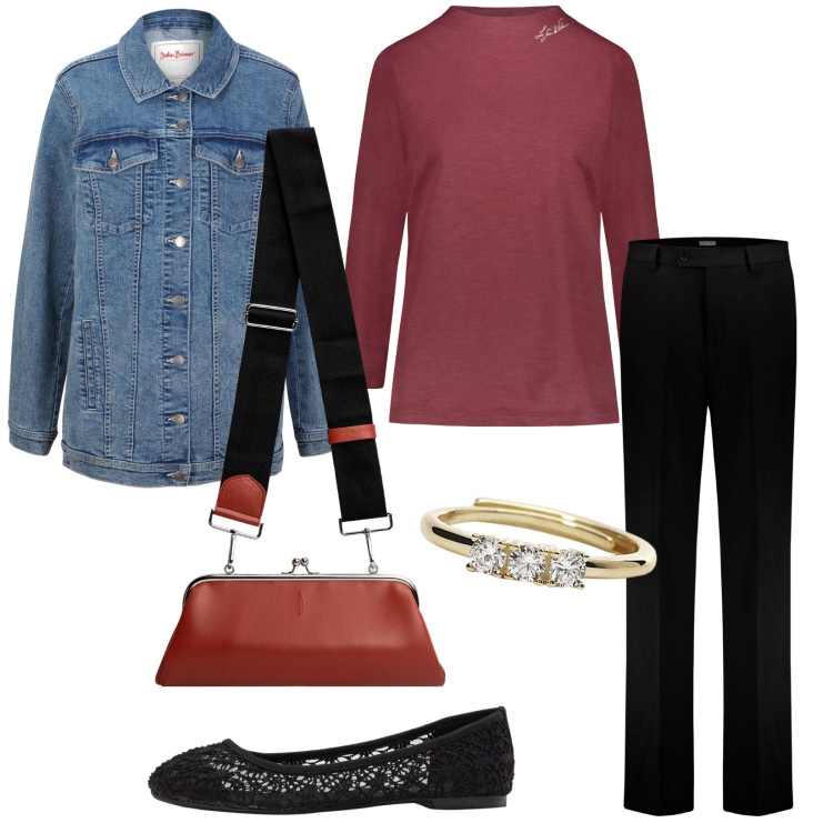 Outfit donna - Quasi classica. Stile Casual chic per Tutti i giorni. Abbinamento con ballerine, blazer, anelli, pantaloni, t-shirt, clutch.