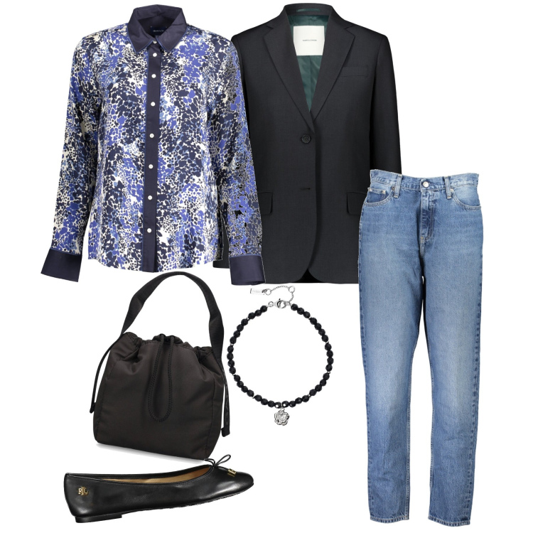 Outfit donna - Domani di nuovo lunedì. Stile Basic per Tutti i giorni. Abbinamento con braccialetti, blazer, camicie, ballerine, jeans mom, borse a mano.