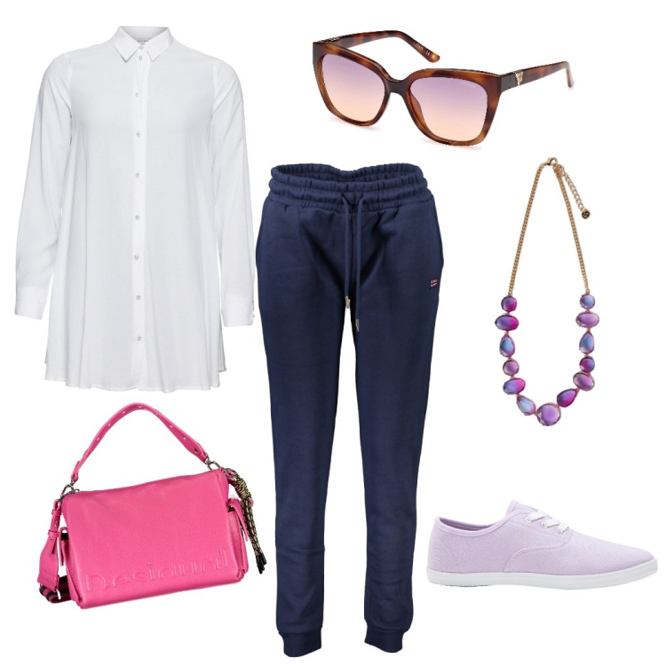 Outfit donna - Pink spring. Stile Casual chic per Tutti i giorni. Abbinamento con camicie, sneakers, pantaloni, borse a spalla, occhiali da sole, collane.