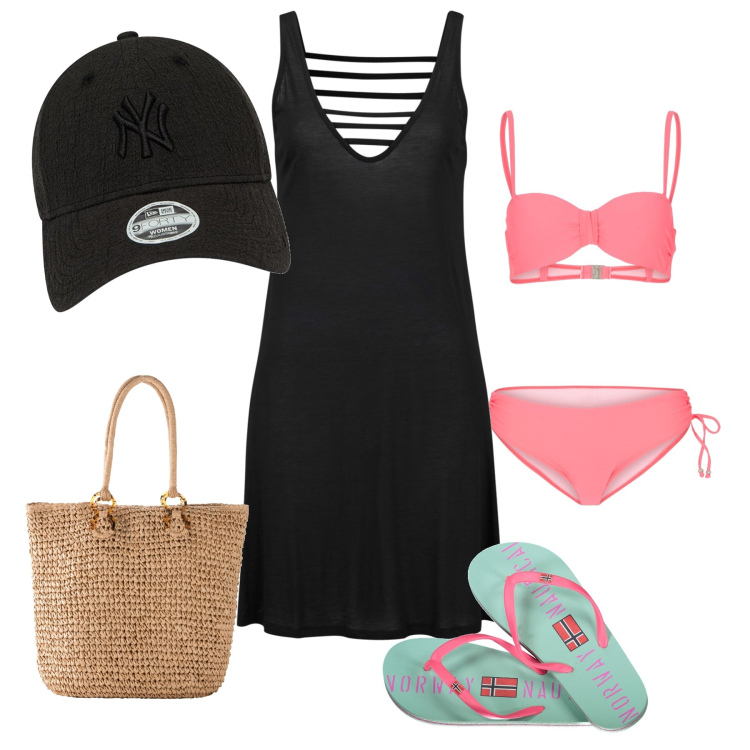 Outfit donna - L’estate all’ improvviso. Stile Minimal per Mare. Abbinamento con vestiti da spiaggia, bikini, shopping bag, infradito, cappelli con visiera.