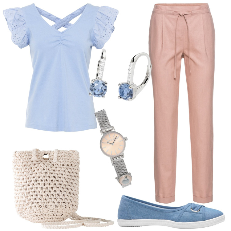 Outfit donna - Spring days. Stile Casual chic per Tutti i giorni. Abbinamento con pantaloni, orecchini, ballerine, borse a tracolla, orologi, orecchini.