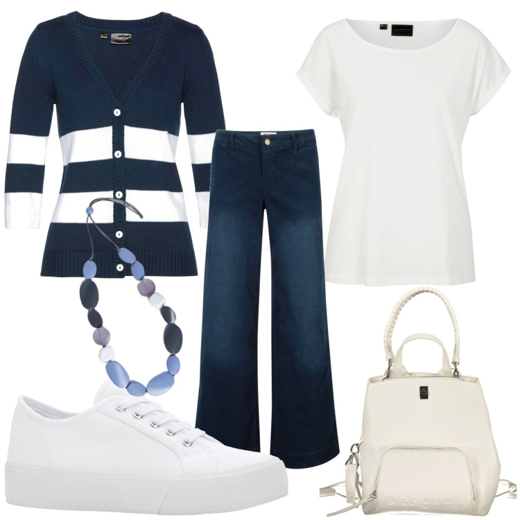 Outfit donna - Total look #1865687. Stile Casual per Tutti i giorni. Abbinamento con pantaloni, cardigans, sneakers, maglieria, zaini, collane.