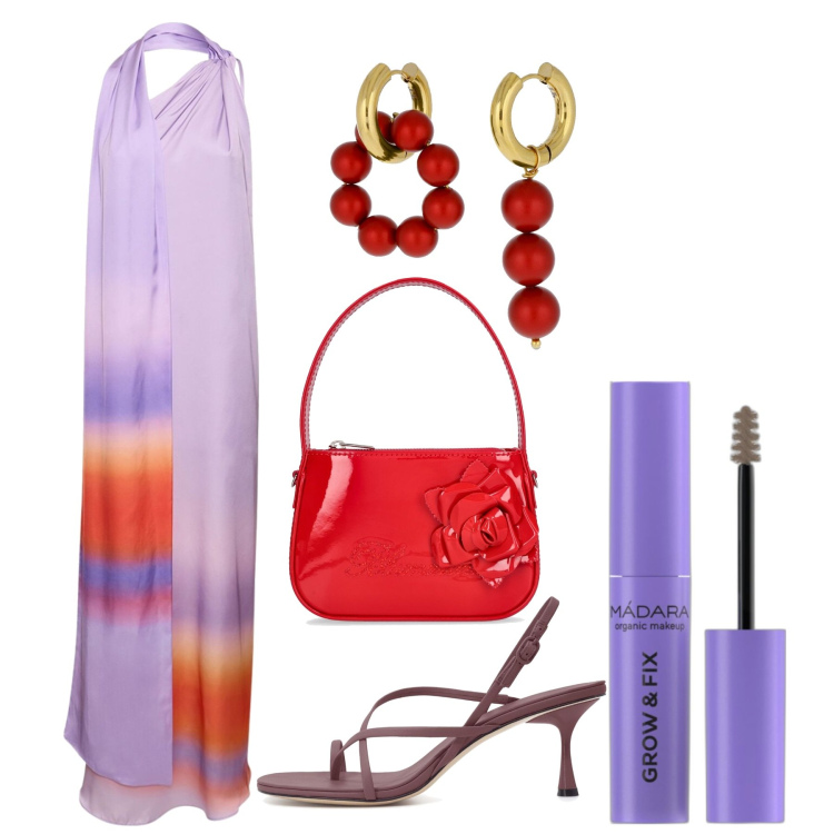 Outfit donna - Festa in spiaggia. Stile Chic per Cerimonia. Abbinamento con mascara, vestiti, orecchini, borse a mano, sandali in pelle.