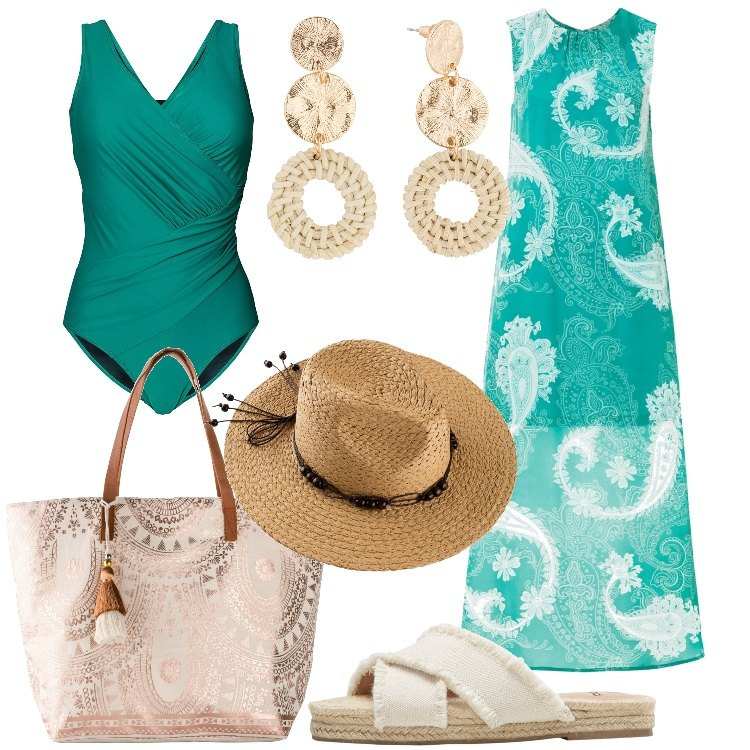 Outfit donna - Un\'estate leggera by bonprix. Stile Etnico per Mare. Abbinamento con ciabatte, orecchini, vestiti lunghi, costumi interi, shopping bag, cappelli.