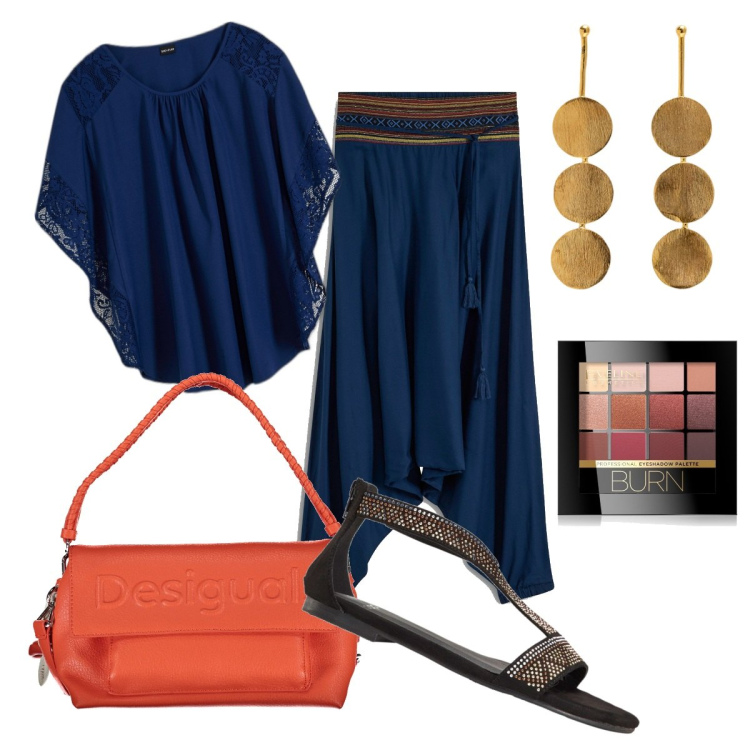 Outfit donna - Boho oversize. Stile Boho per Tutti i giorni. Abbinamento con pantaloni, bluse, sandali, ombretti, borse a spalla, orecchini.