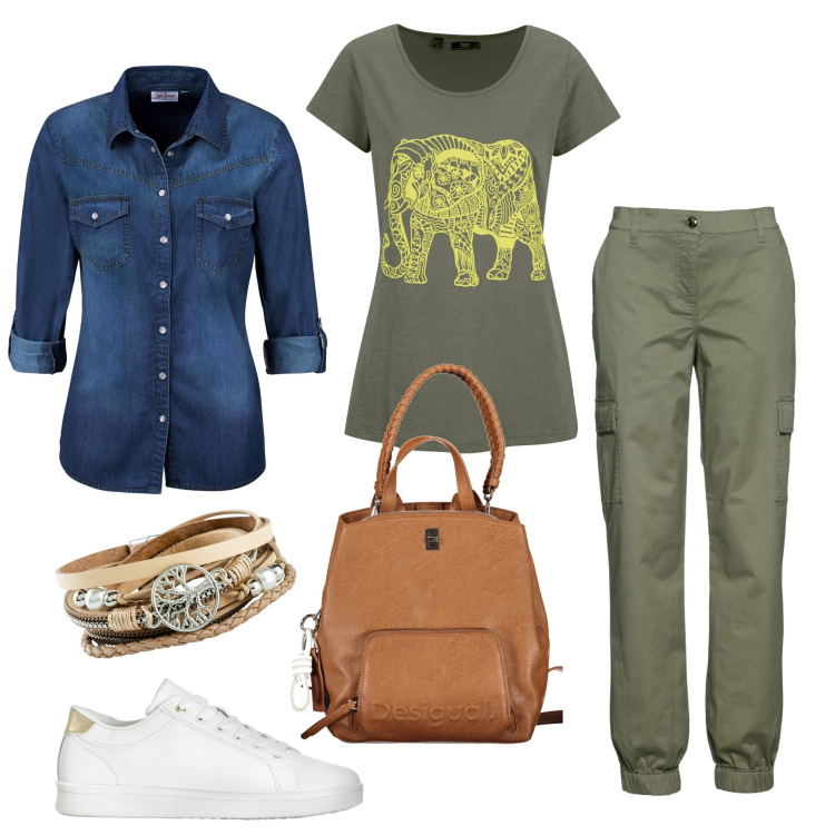 Outfit donna - Aperitivo time. Stile Sporty chic per Tutti i giorni. Abbinamento con pantaloni cargo, camicie, braccialetti, sneakers, t-shirt, zaini.