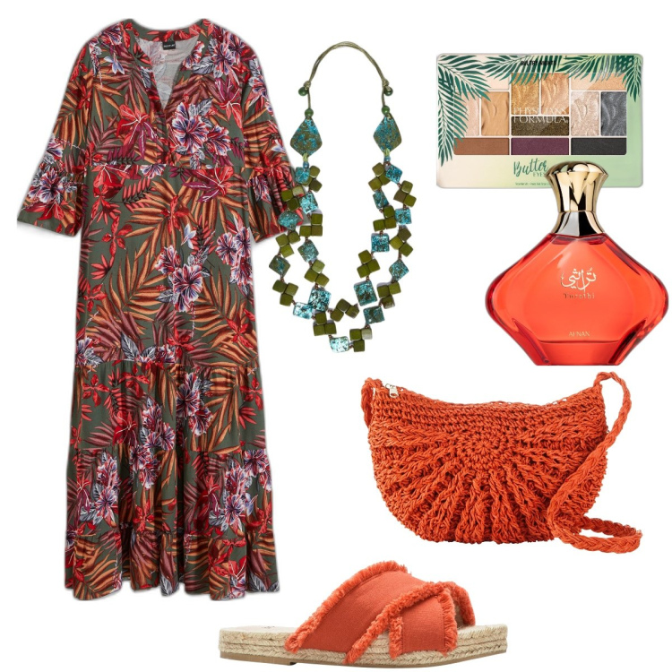Outfit donna - Total look #1865718. Stile Etnico per Tutti i giorni. Abbinamento con vestiti lunghi, borse a tracolla, ciabatte, profumi, ombretti, collane.