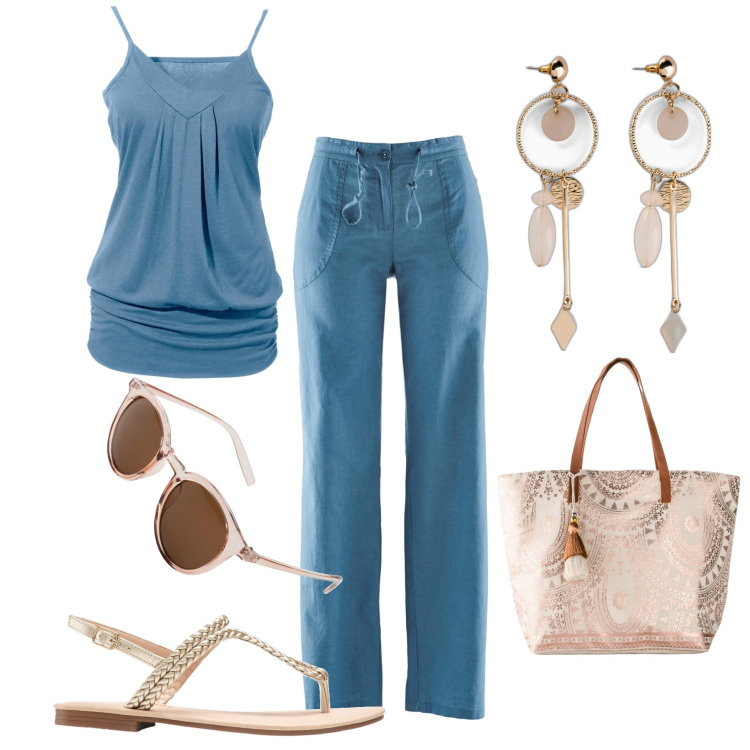 Outfit donna - Caldo pomeriggio al mercato. Stile Casual per Tutti i giorni. Abbinamento con pantaloni a palazzo, top, ciabatte, orecchini, occhiali da sole, shopping bag.