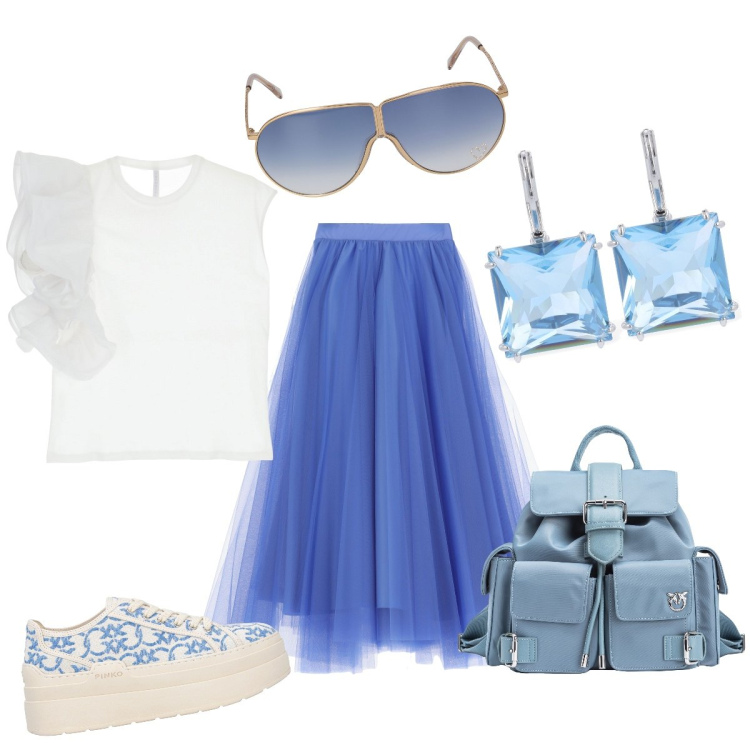 Outfit donna - Azzurro che passione!. Stile Casual chic per Tutti i giorni. Abbinamento con sneakers, zaini, t-shirt, gonne longuette, orecchini, occhiali da sole.