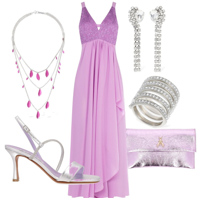Outfit donna - Alla cerimonia. Stile Chic per Cerimonia. Abbinamento con vestiti lunghi, pochette, collane, orecchini, anelli, sandali col tacco.