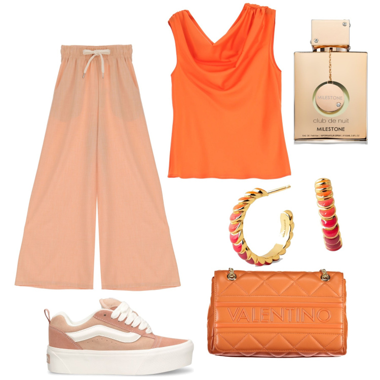 Outfit donna - Ufficio vitaminico. Stile Sporty chic per Ufficio. Abbinamento con orecchini, profumi, pantaloni a palazzo, canottiere, borse a spalla, sneakers.