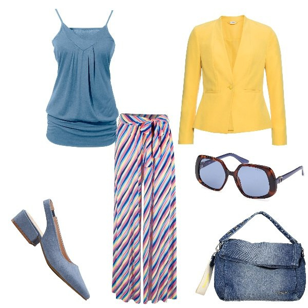 Outfit donna - primavera giallo e blu. Stile Casual per Tutti i giorni. Abbinamento con pantaloni a palazzo, décolleté, blazer, top, borse a spalla, occhiali da sole.