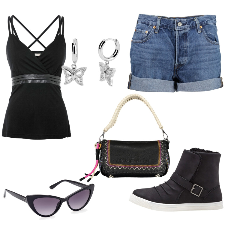 Outfit donna - Total look #1865779. Stile Casual per Tutti i giorni. Abbinamento con stivaletti, top, orecchini, jeans, occhiali da sole, borse a spalla.