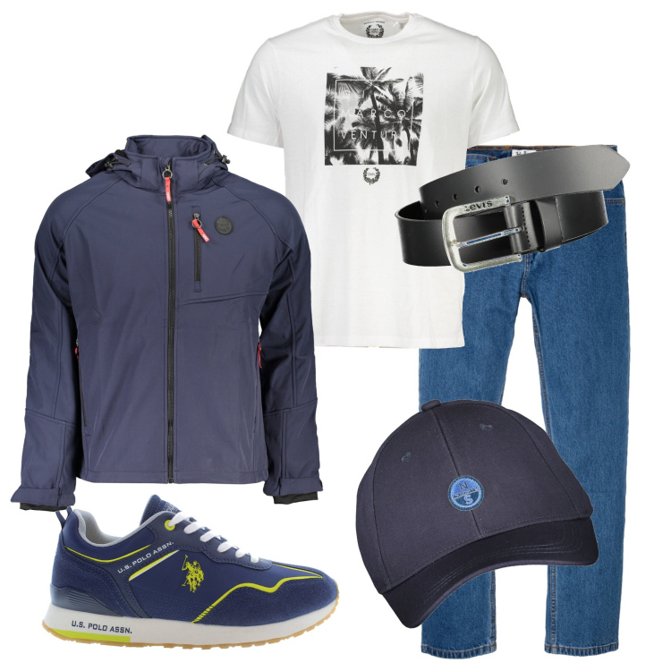 Outfit uomo - Allo stadio. Stile Casual per Sport. Abbinamento con jeans dritti, cinture, giacche sportive, scarpe sportive, cappelli con visiera, t-shirt.