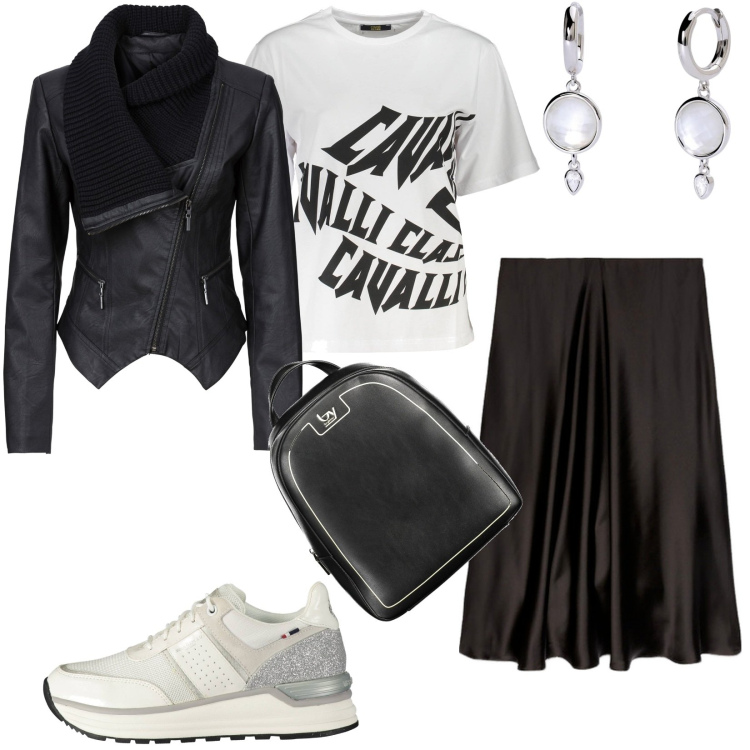 Outfit donna - Total look #1865796. Stile Casual per Tutti i giorni. Abbinamento con blazer, orecchini, t-shirt, scarpe sportive, gonne lunghe, zaini.