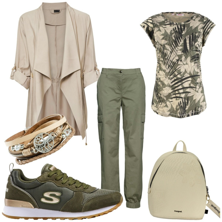 Outfit donna - Total look #1865797. Stile Casual per Tutti i giorni. Abbinamento con pantaloni cargo, braccialetti, blazer, sneakers, maglieria, zaini.