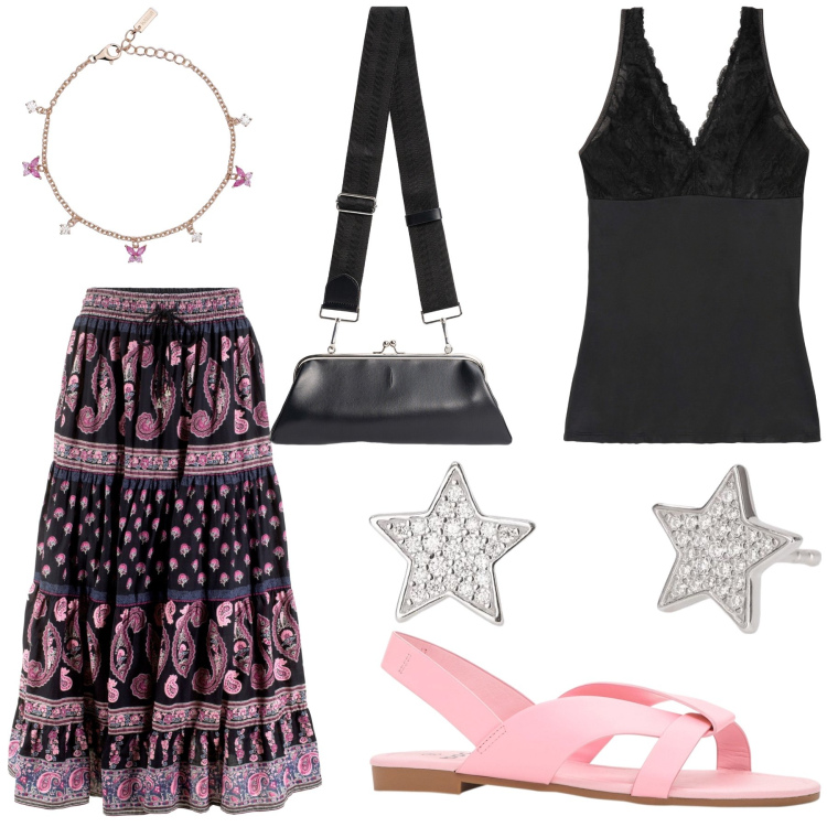 Outfit donna - Total look #1865799. Stile Urban per Tutti i giorni. Abbinamento con top, gonne lunghe, sandali, orecchini, braccialetti, clutch.