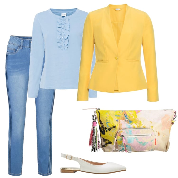 Outfit donna - Shopping time. Stile Casual per Tutti i giorni. Abbinamento con blazer, ballerine, maglieria, jeans skinny, borse a tracolla.