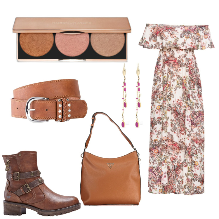 Outfit donna - Boho in primavera 2. Stile Boho per Tutti i giorni. Abbinamento con vestiti lunghi, cinture, stivaletti, blush, borse a tracolla, orecchini.