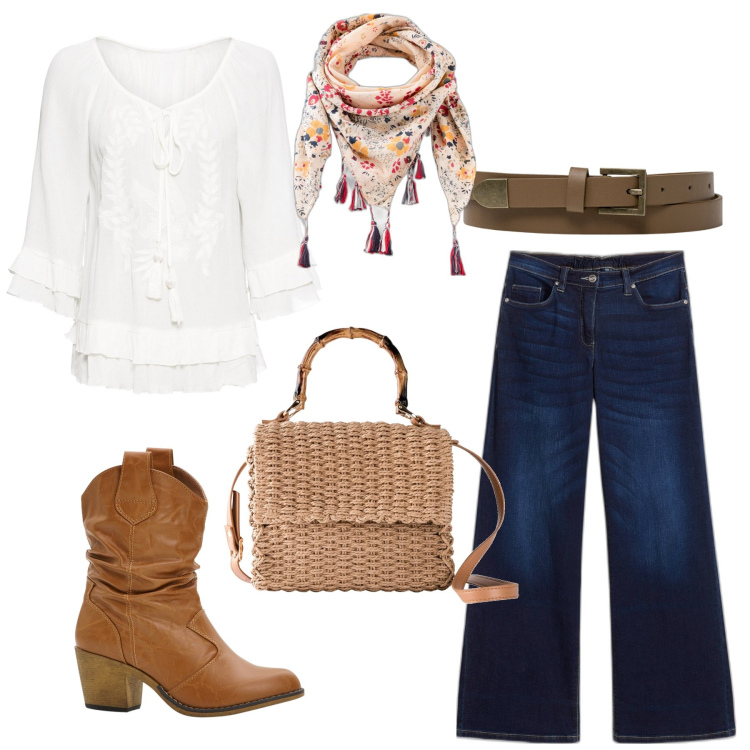 Outfit donna - Boho in primavera 3. Stile Boho per Tutti i giorni. Abbinamento con jeans, stivaletti texani, tuniche, borse a mano, foulard, cinture.