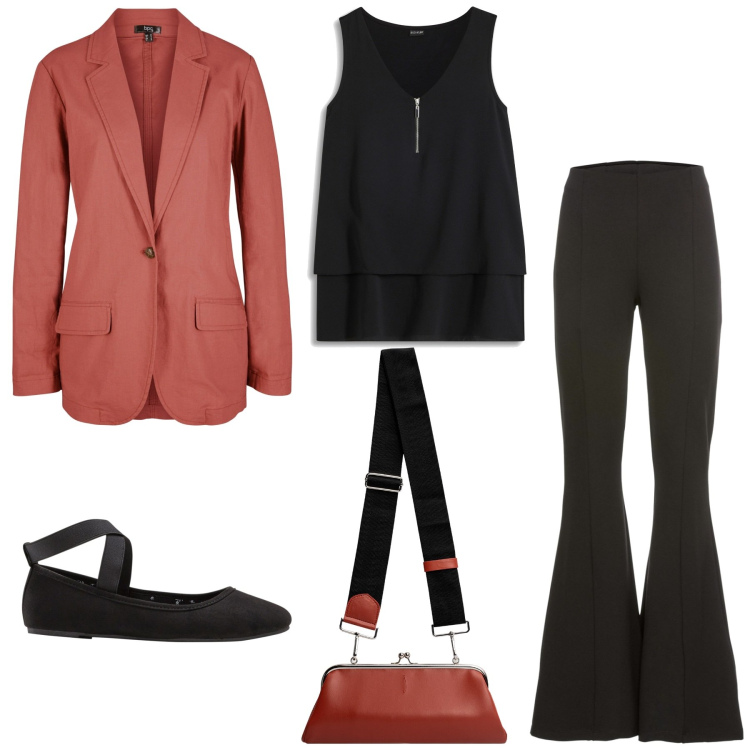 Outfit donna - Minimal chic 1. Stile Minimal per Ufficio. Abbinamento con pantaloni, top, ballerine, blazer, clutch.