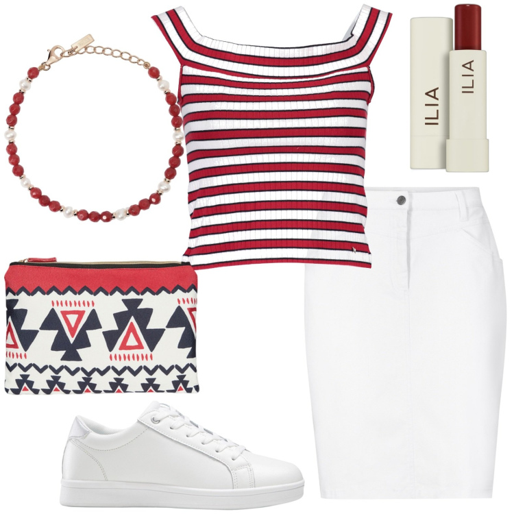 Outfit donna - Bella stagione. Stile Casual per Tutti i giorni. Abbinamento con sneakers, gonne, matite labbra, braccialetti, canottiere, pochette.