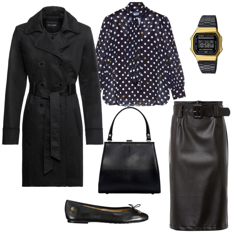 Outfit donna - Minimal chic 3. Stile Minimal per Ufficio. Abbinamento con trench, gonne longuette, orologi, bluse, ballerine, clutch.