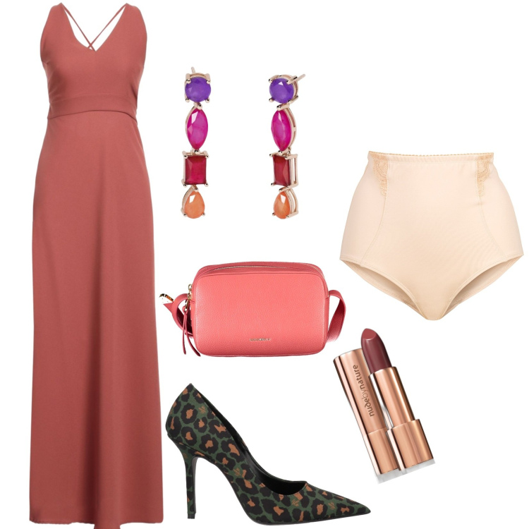 Outfit donna - Cena fuori. Stile Chic per Tutti i giorni. Abbinamento con culotte, vestiti lunghi, décolleté, rossetti, orecchini, borse a tracolla.