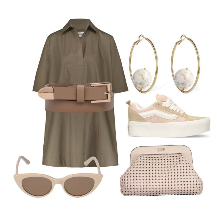 Outfit donna - Ghost outfitter - aprile. Stile Casual per Tutti i giorni. Abbinamento con cinture, vestiti, borse a mano, sneakers, orecchini, occhiali da sole.