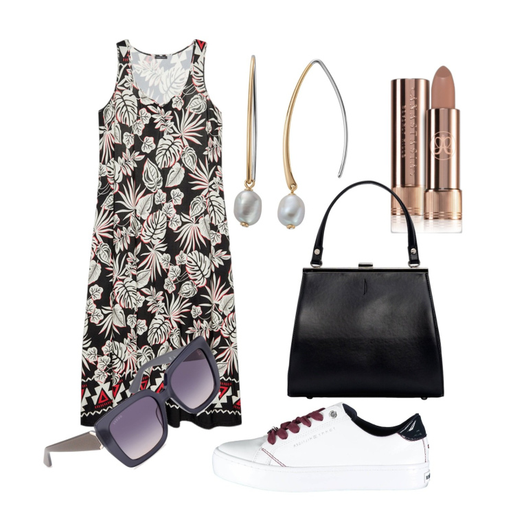 Outfit donna - Ghost outfitter - aprile. Stile Trendy per Tutti i giorni. Abbinamento con orecchini, rossetti, vestiti lunghi, scarpe sportive, occhiali da sole, clutch.