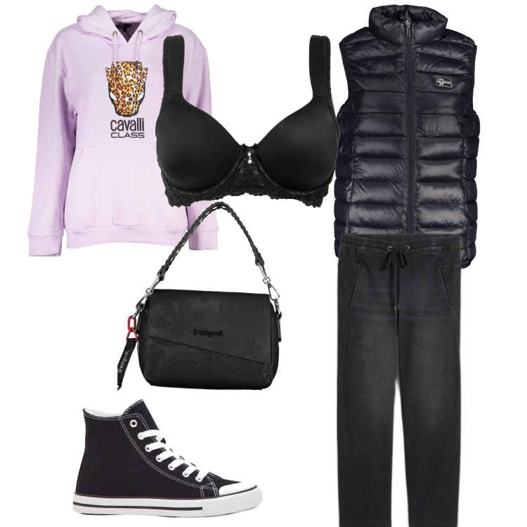 Outfit donna - Mattinata ventosa. Stile Casual chic per Tutti i giorni. Abbinamento con sneakers alte, reggiseni, jeans boyfriend, felpe con cappuccio, blazer, borse a spalla.