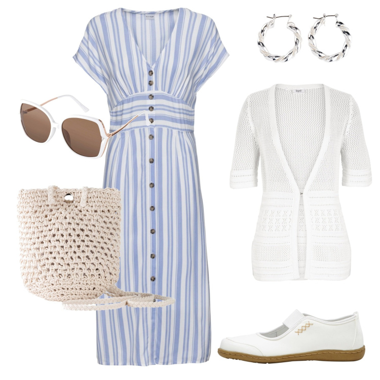 Outfit donna - Estate leggera Bonprix 2. Stile Basic per Tutti i giorni. Abbinamento con ballerine, orecchini, vestiti, cardigans, borse a tracolla, occhiali da sole.