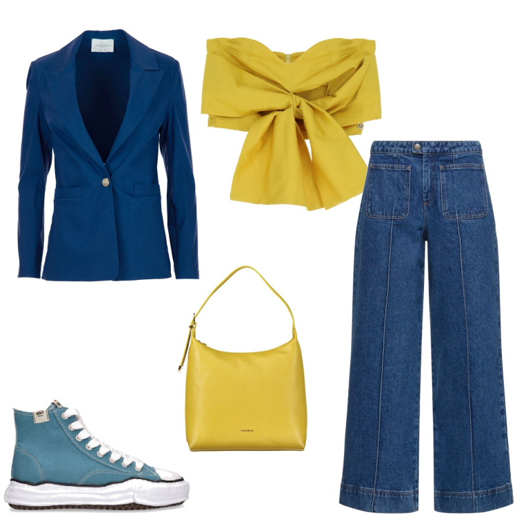 Outfit donna - Giallo Sole , azzurro cielo. Stile Casual chic per Mare. Abbinamento con top, blazer, jeans, sneakers, borse a spalla.