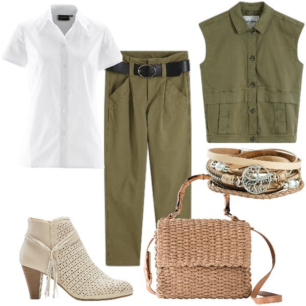 Outfit donna - Total look #1865914. Stile Casual chic per Tutti i giorni. Abbinamento con camicie a manica corta, braccialetti, pantaloni, stivaletti, gilet, borse a mano.
