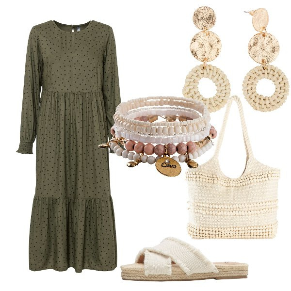 Outfit donna - Total look #1865916. Stile Boho per Tutti i giorni. Abbinamento con ciabatte, braccialetti, orecchini, vestiti lunghi, shopping bag.